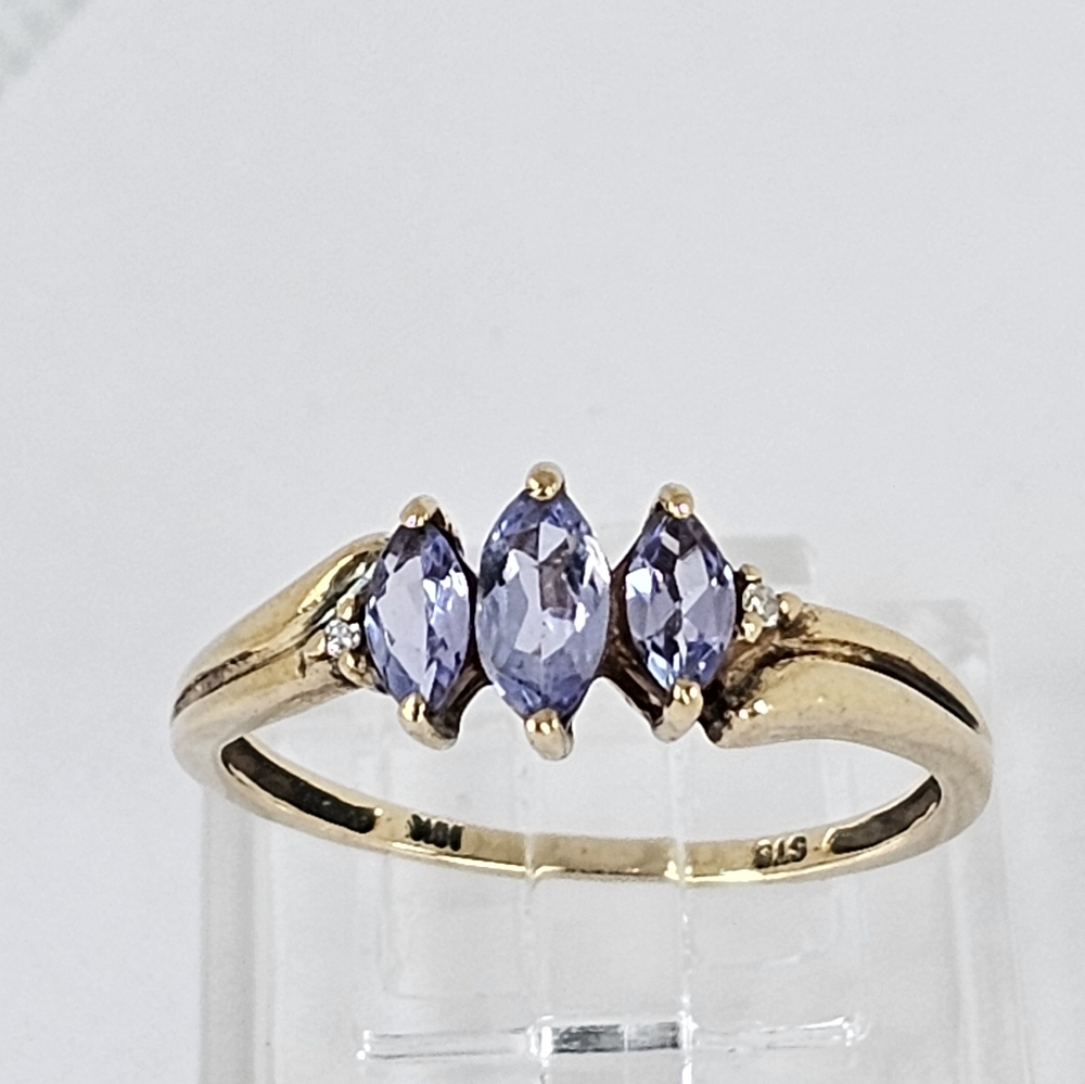 Solid 10K Gold Marquise Cut Genuine Tanzanite & Diamond Ring Size 7 - Picture 10 of 17